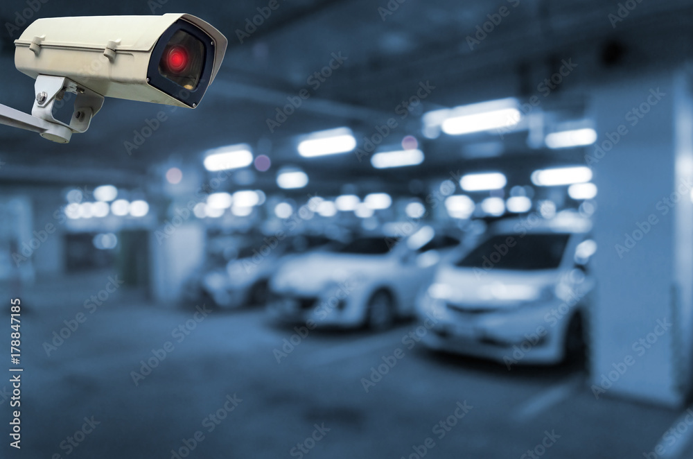 CCTV, security indoor camera system operating in underground car ...